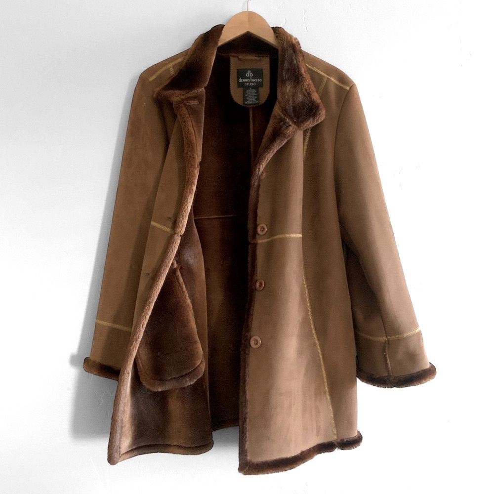 Dennis Basso VTG Faux Suede / Fur Mid-Length Brown Coat Jacket Womens Size Large - Picture 14 of 16